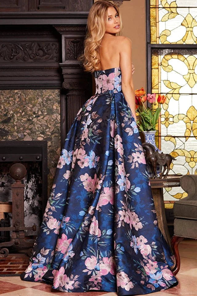 Jovani Evening Dress Jovani 23893 Navy Multi Floral A Line Evening Gown