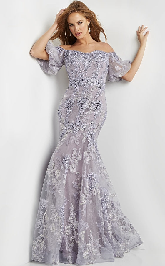 Jovani Evening Dress Jovani 24003 Violet Off the Shoulder Lace Evening Gown