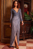 Jovani Evening Dress Jovani 24052 Slate Embellished Long Sleeve V Neck Evening Dress