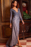 Jovani Evening Dress Jovani 24052 Slate Embellished Long Sleeve V Neck Evening Dress