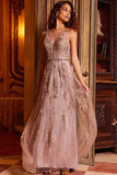 Jovani Evening Dress Jovani 24057 Rose Gold Plunging Neckline Embellished Evening Dress