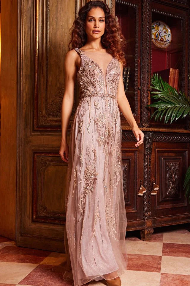 Jovani Evening Dress Jovani 24057 Rose Gold Plunging Neckline Embellished Evening Dress