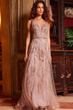 Jovani Evening Dress Jovani 24057 Rose Gold Plunging Neckline Embellished Evening Dress