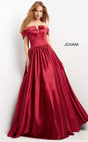 Jovani Evening Dress Jovani 3129 Burgundy Off the Shoulder Satin Evening Ballgown