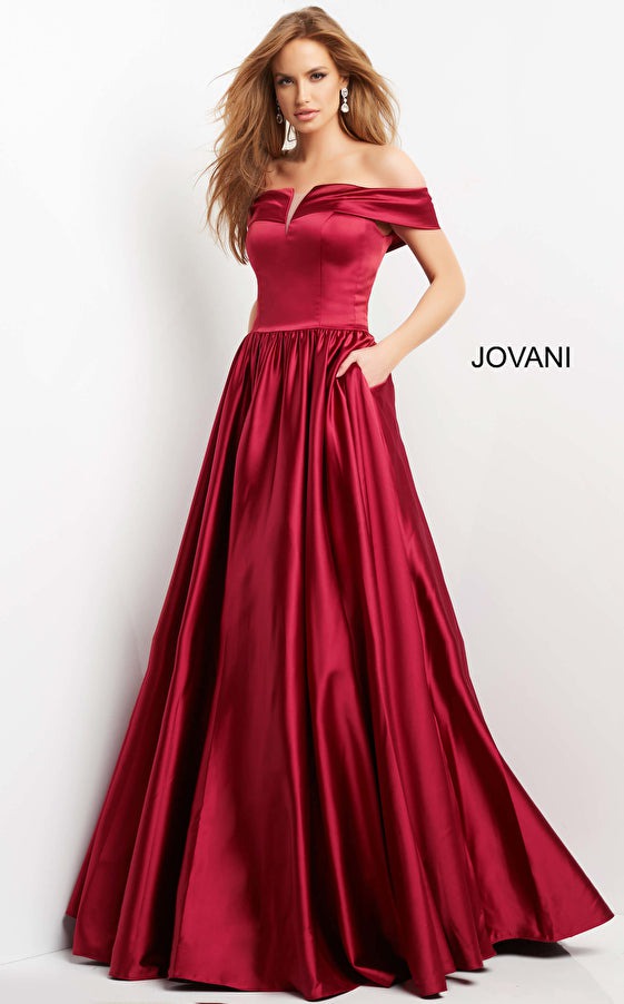 Jovani Evening Dress Jovani 3129 Burgundy Off the Shoulder Satin Evening Ballgown