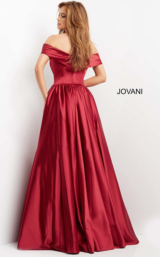 Jovani Evening Dress Jovani 3129 Burgundy Off the Shoulder Satin Evening Ballgown