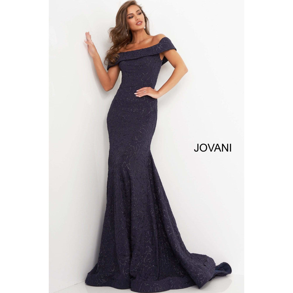 Jovani Evening Dress Jovani 4564 Navy Off the Shoulder Fitted Evening Dress NorasBridalBoutiqueNY