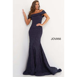 Jovani Evening Dress Jovani 4564 Navy Off the Shoulder Fitted Evening Dress NorasBridalBoutiqueNY