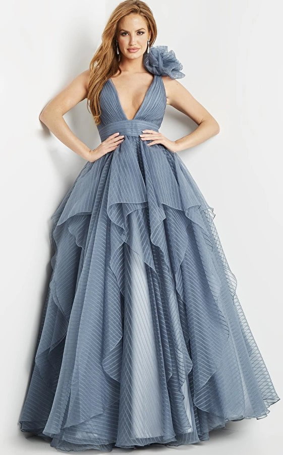Jovani Evening Dress Jovani 55210 Grey Blue V Neck Sleeveless Evening Ballgown