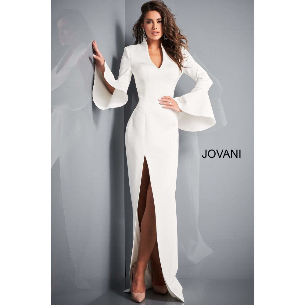Jovani Evening Gown Jovani 04240 White High Slit Bell Sleeve Evening Dress