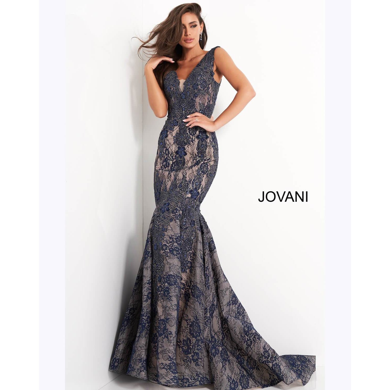 Jovani Evening Gown Jovani 04585 Navy Lace V Neck Mermaid Evening Dress