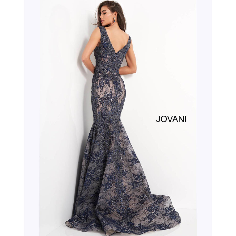 Jovani Evening Gown Jovani 04585 Navy Lace V Neck Mermaid Evening Dress
