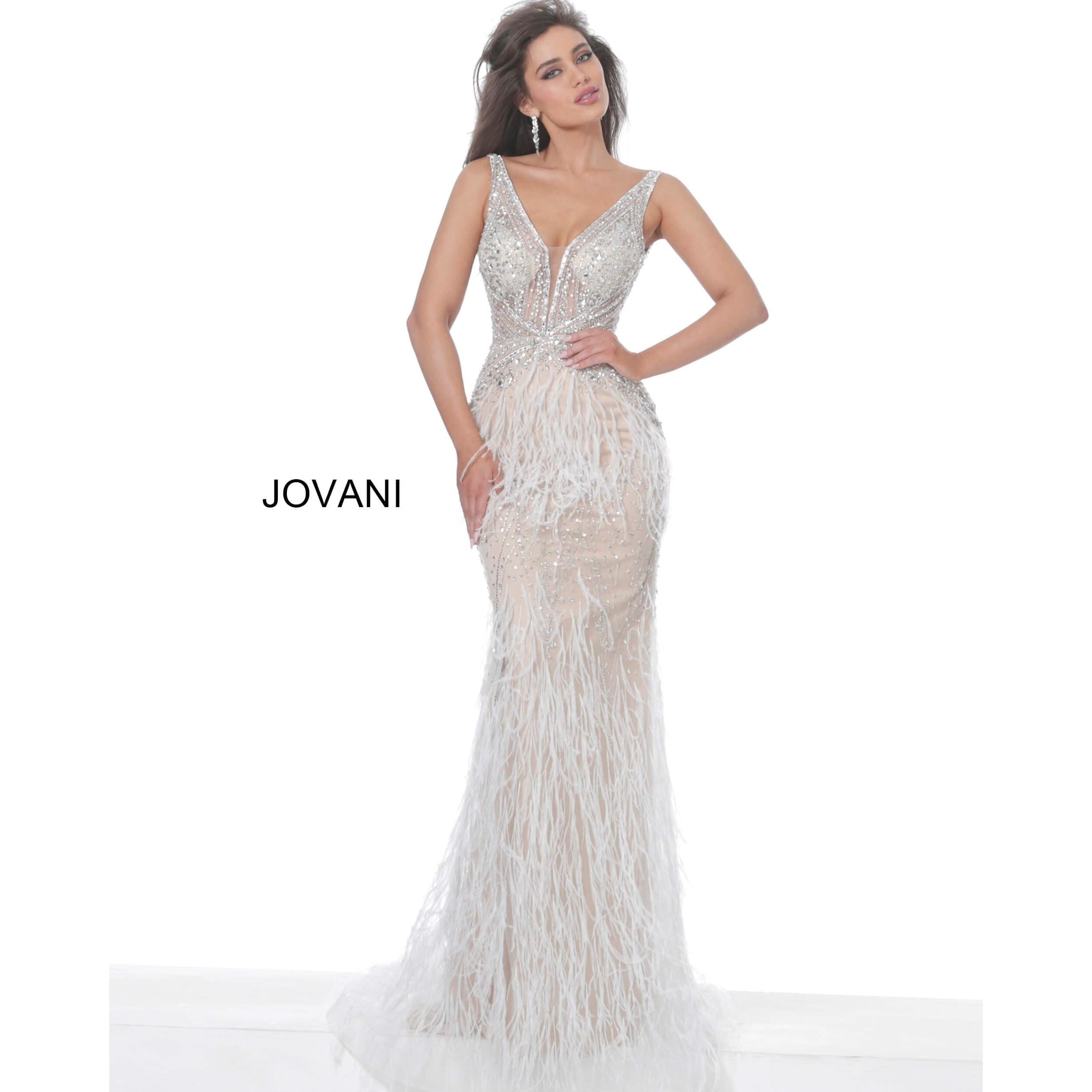 Jovani 03023 Sheer Embellished Bodice Feather Prom Dress - NorasBridalBoutiqueNY