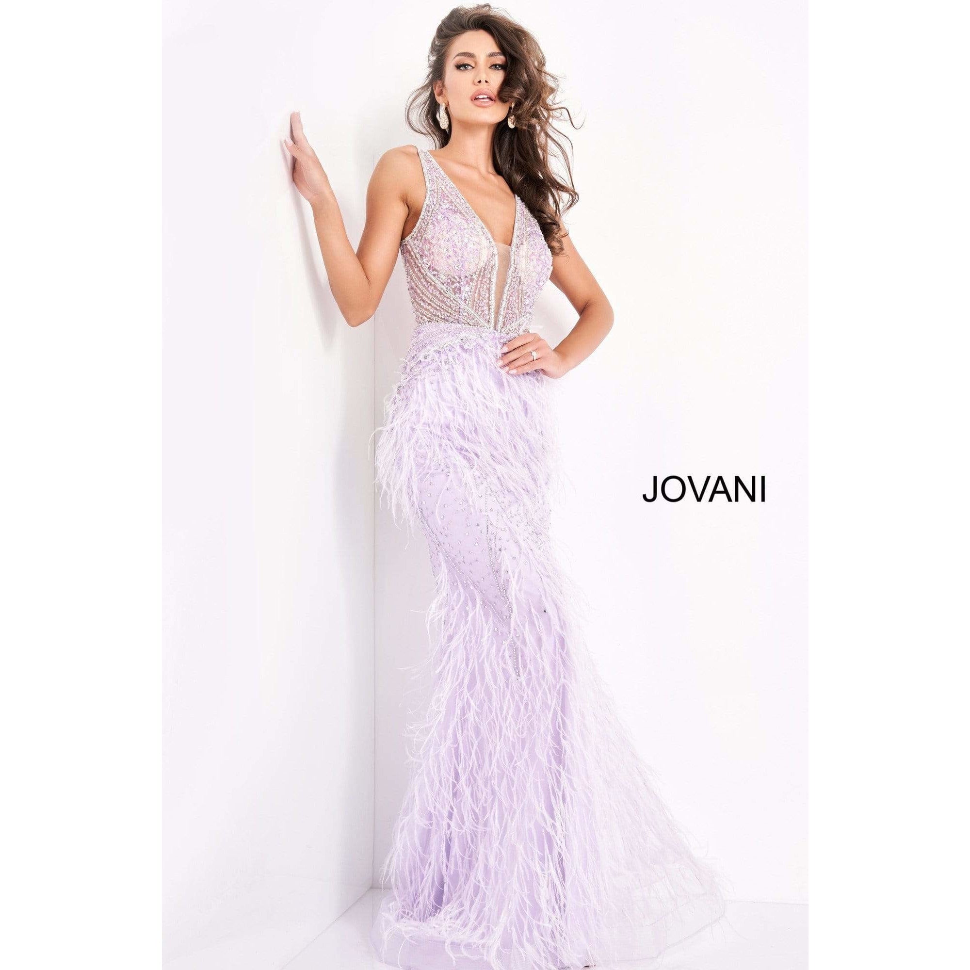 Jovani 03023 Sheer Embellished Bodice Feather Prom Dress - NorasBridalBoutiqueNY