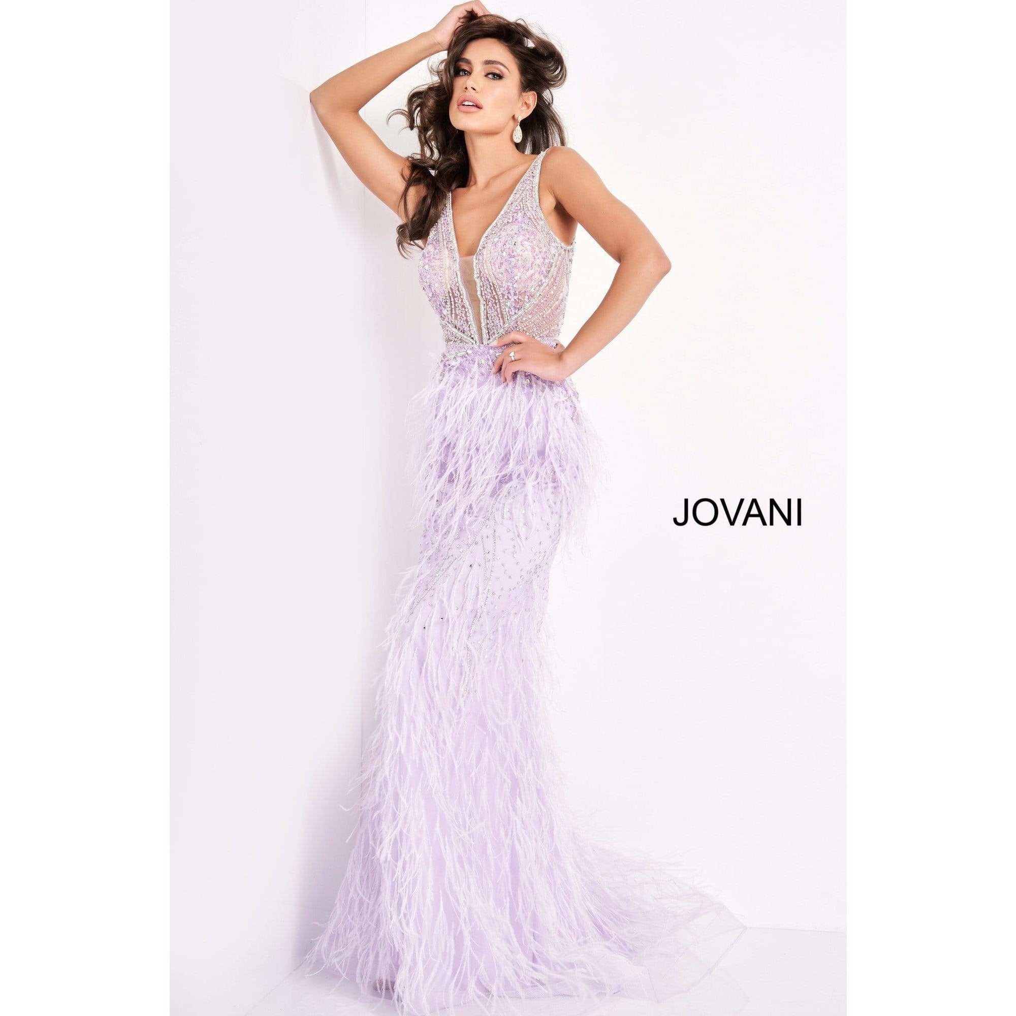 Jovani Evening Gowns Jovani 03023 Sheer Embellished Bodice Feather Prom Dress