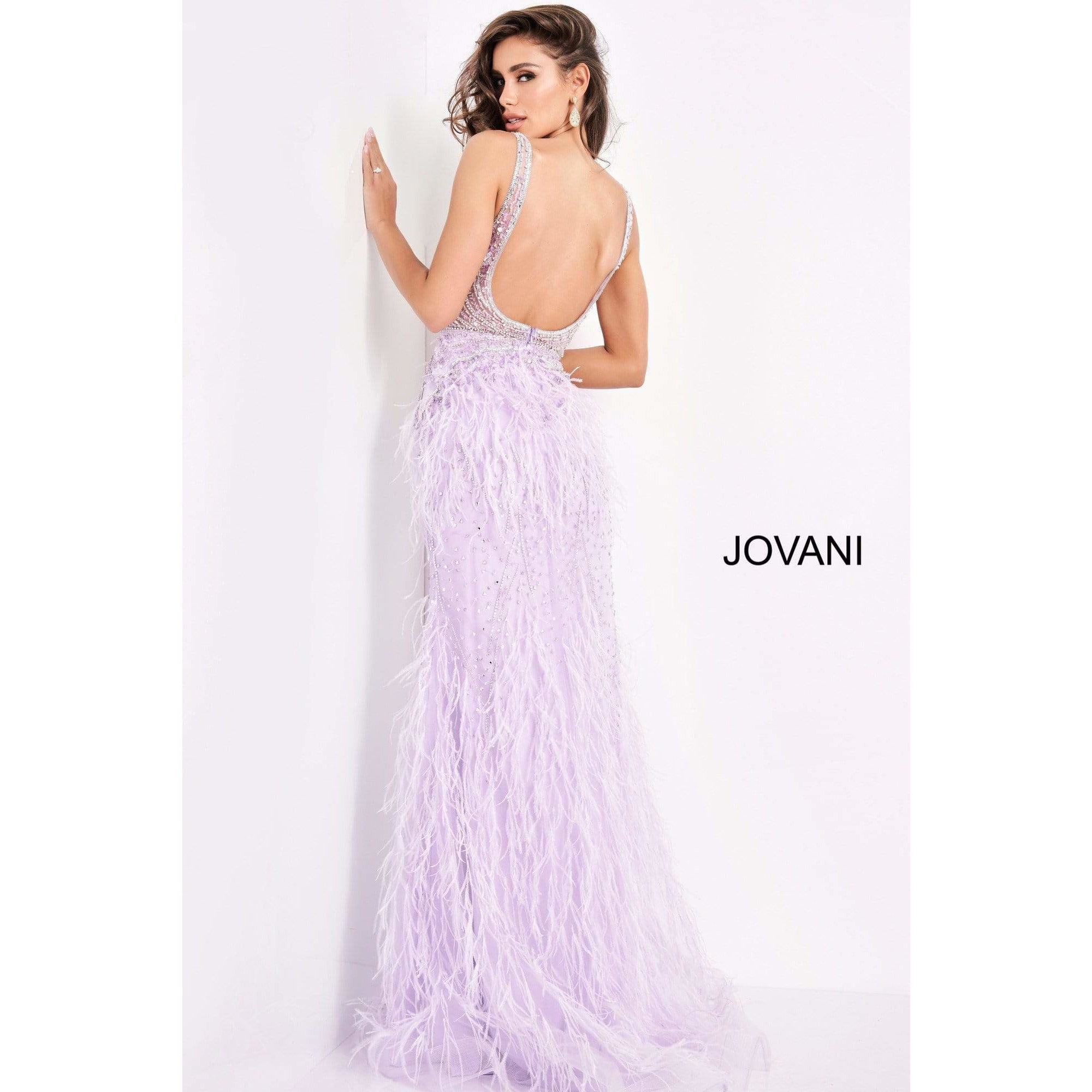 Jovani Evening Gowns Jovani 03023 Sheer Embellished Bodice Feather Prom Dress