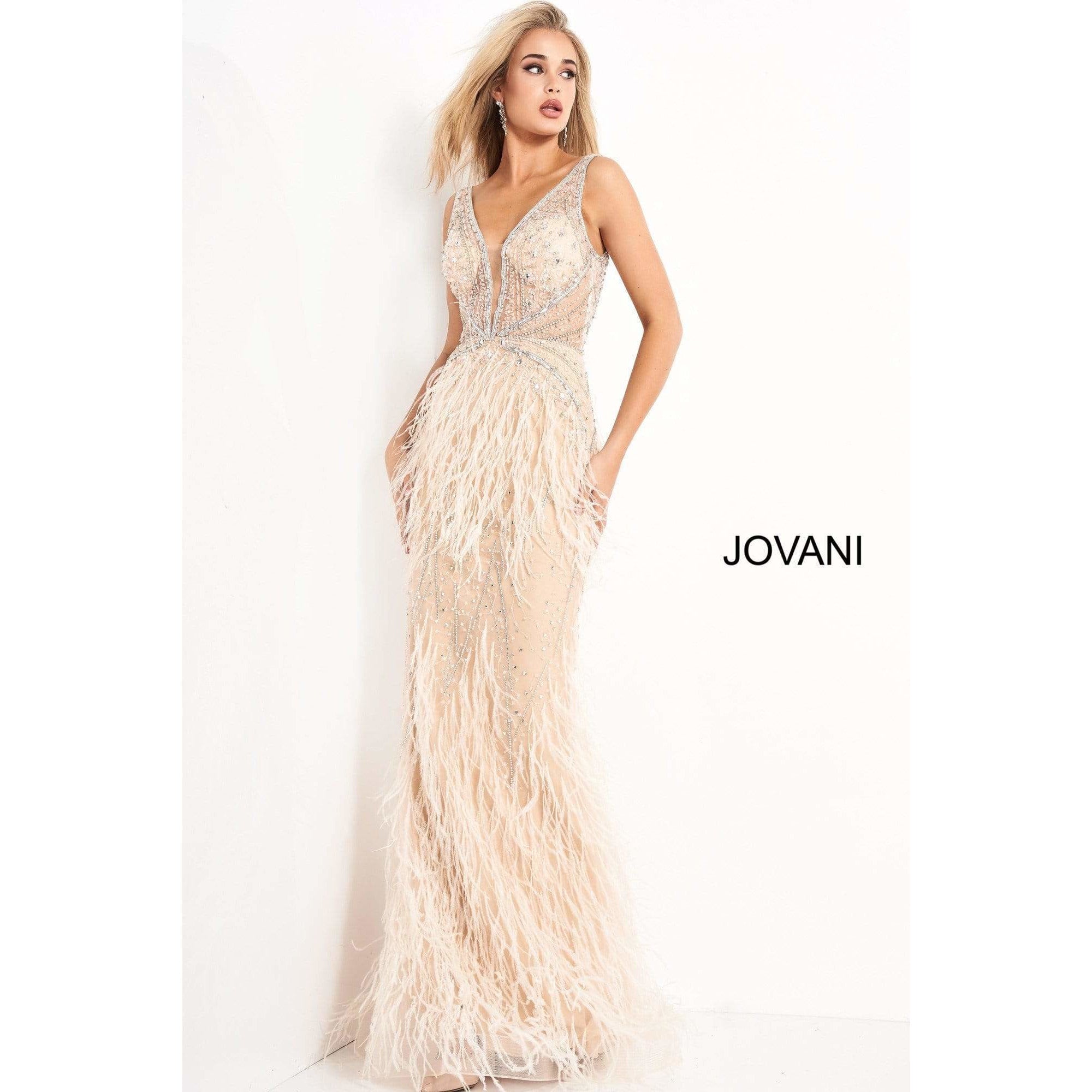 Jovani Evening Gowns Jovani 03023 Sheer Embellished Bodice Feather Prom Dress