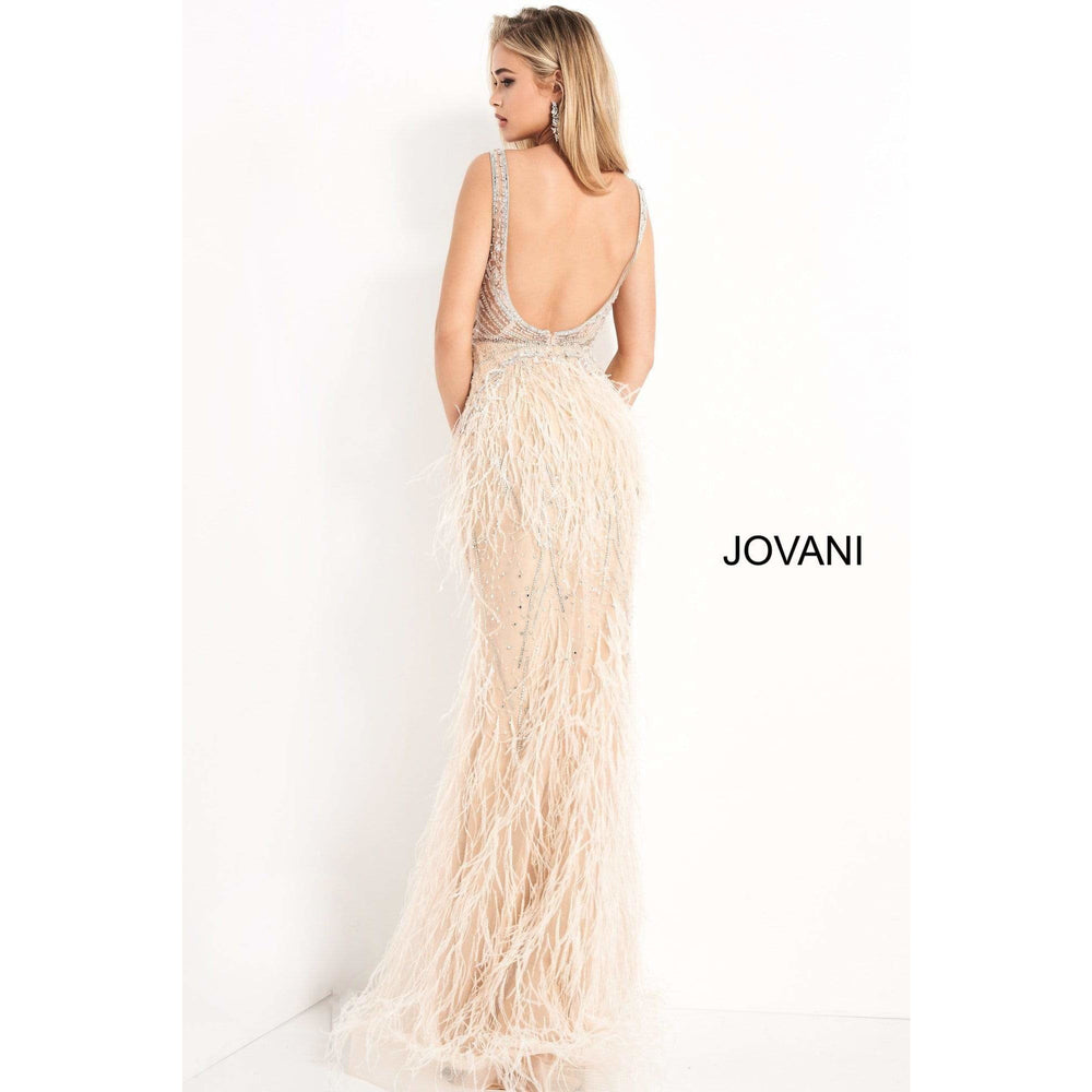 Jovani Evening Gowns Jovani 03023 Sheer Embellished Bodice Feather Prom Dress