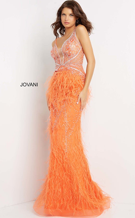 Jovani Evening Gowns Jovani 03023 Sheer Embellished Bodice Feather Prom Dress