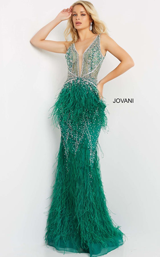 Jovani Evening Gowns Jovani 03023 Sheer Embellished Bodice Feather Prom Dress