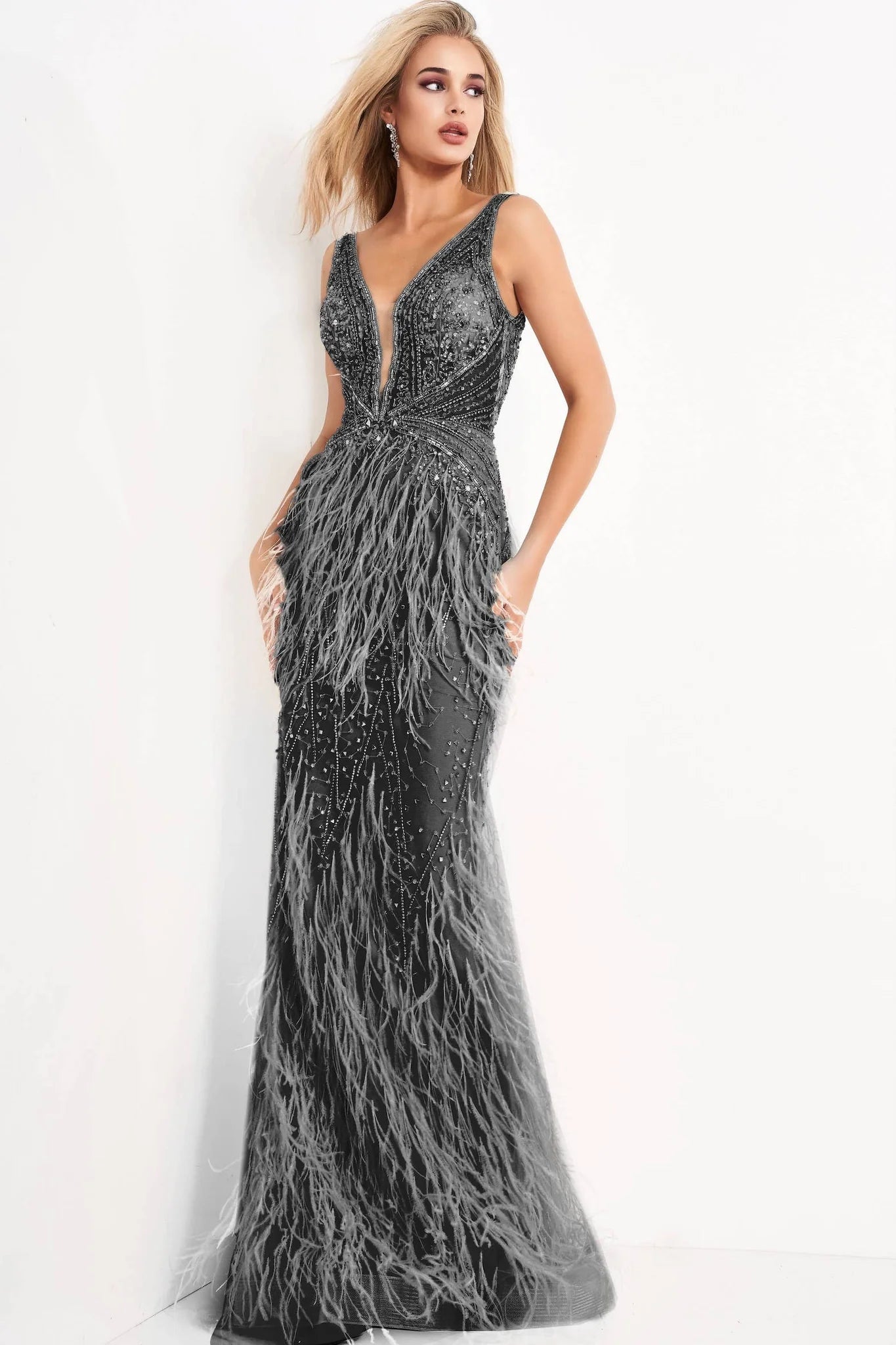 Jovani Evening Gowns Jovani 03023 Sheer Embellished Bodice Feather Prom Dress