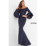 Jovani Evening Gowns Jovani 59993 Scuba Off the Shoulder Bell Sleeves Evening Dress