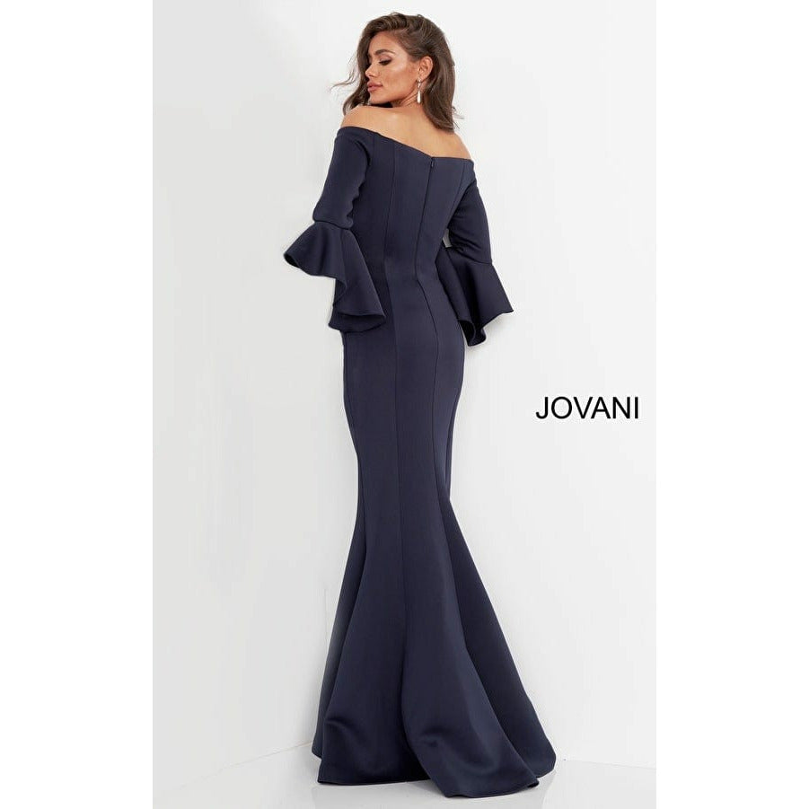 Jovani Evening Gowns Jovani 59993 Scuba Off the Shoulder Bell Sleeves Evening Dress