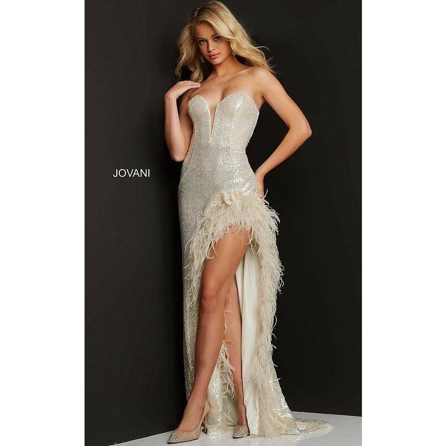 Jovani Jovani Cream High Feather Slit Strapless Prom Dress 07068
