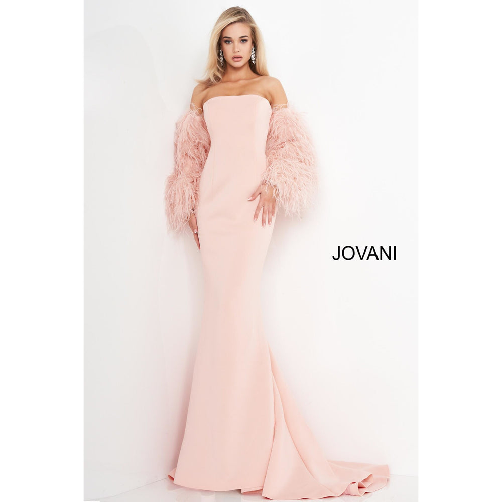 Jovani Prom Dress Blush Strapless Fur Sleeves Jovani Gown 1226