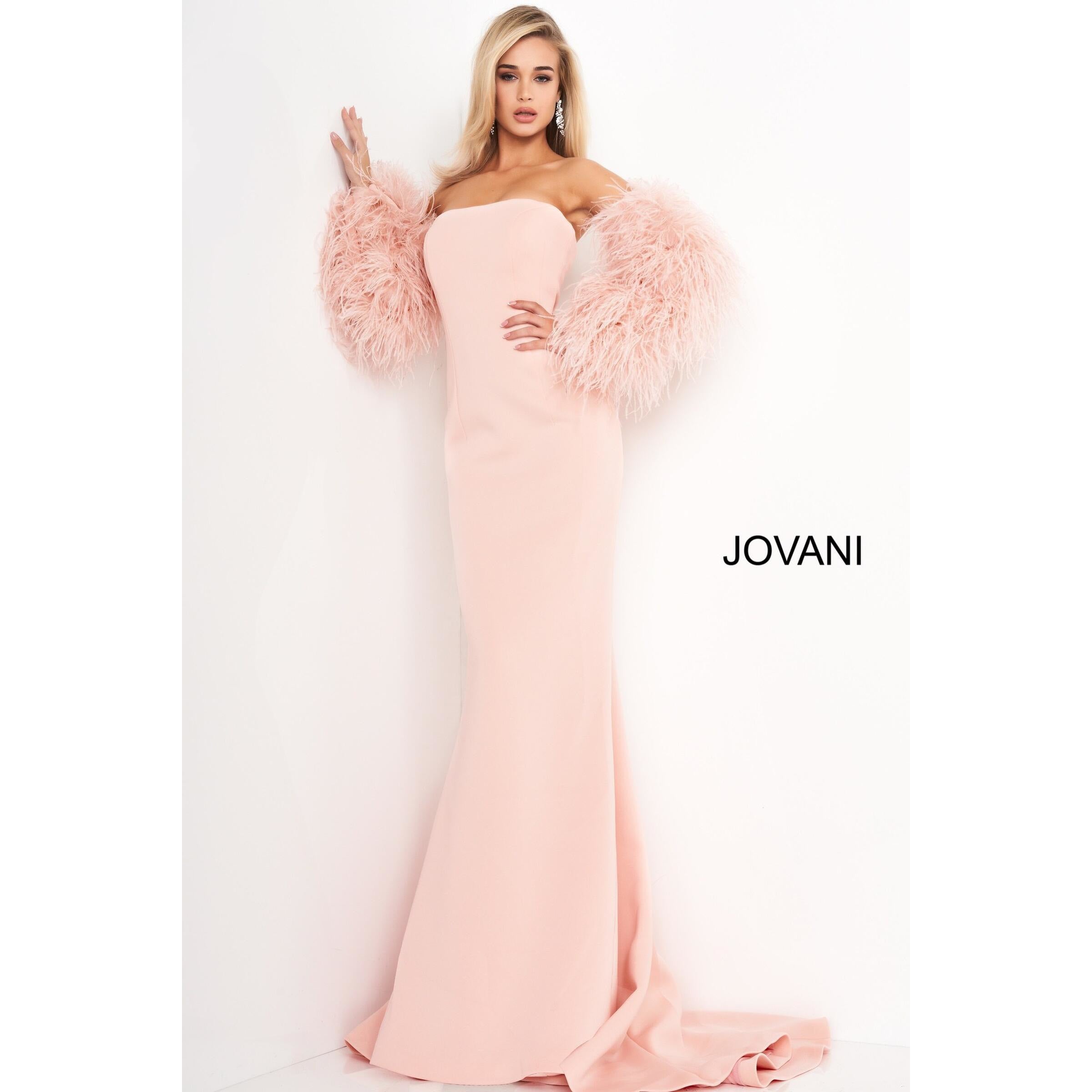 Jovani Prom Dress Blush Strapless Fur Sleeves Jovani Gown 1226