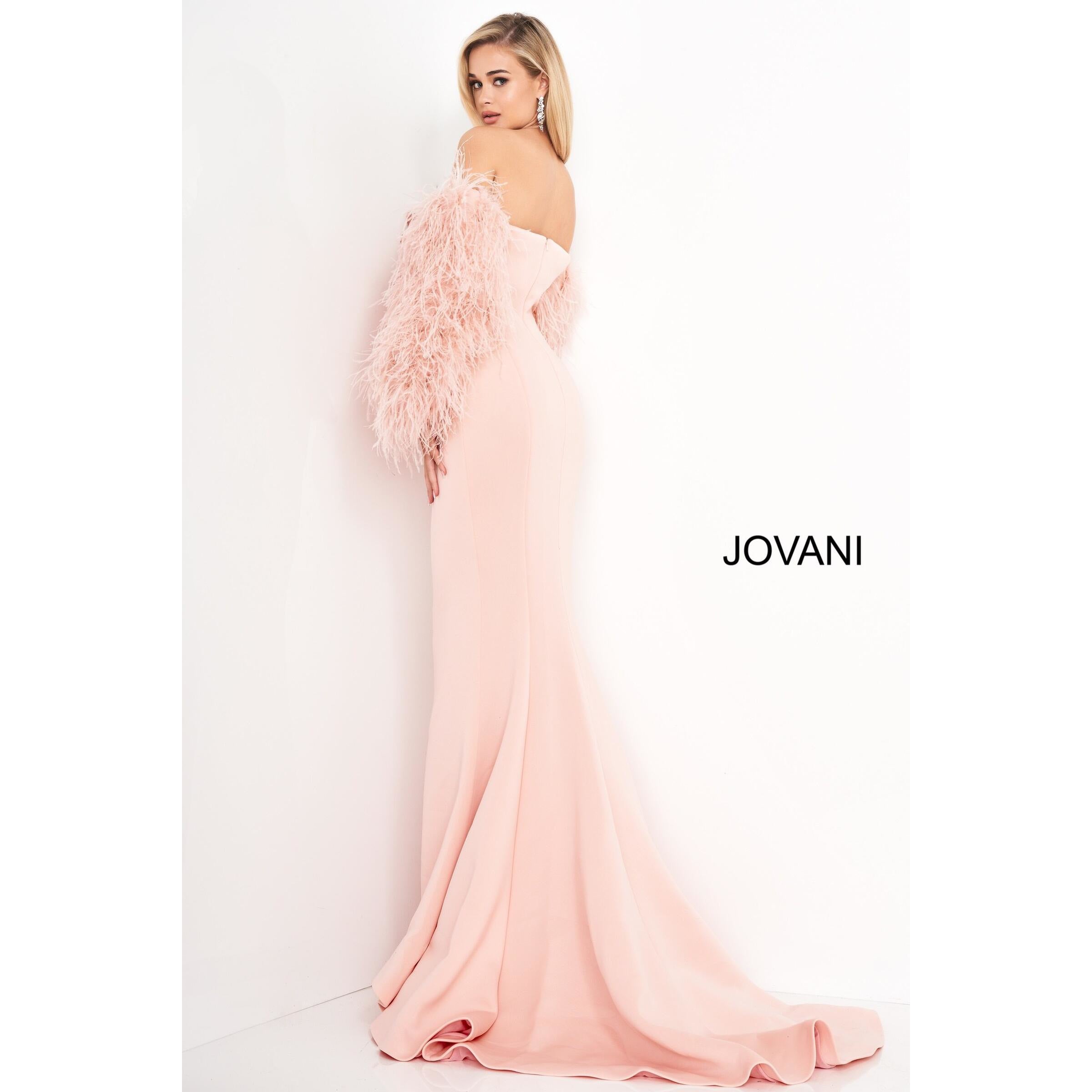 Jovani Prom Dress Blush Strapless Fur Sleeves Jovani Gown 1226