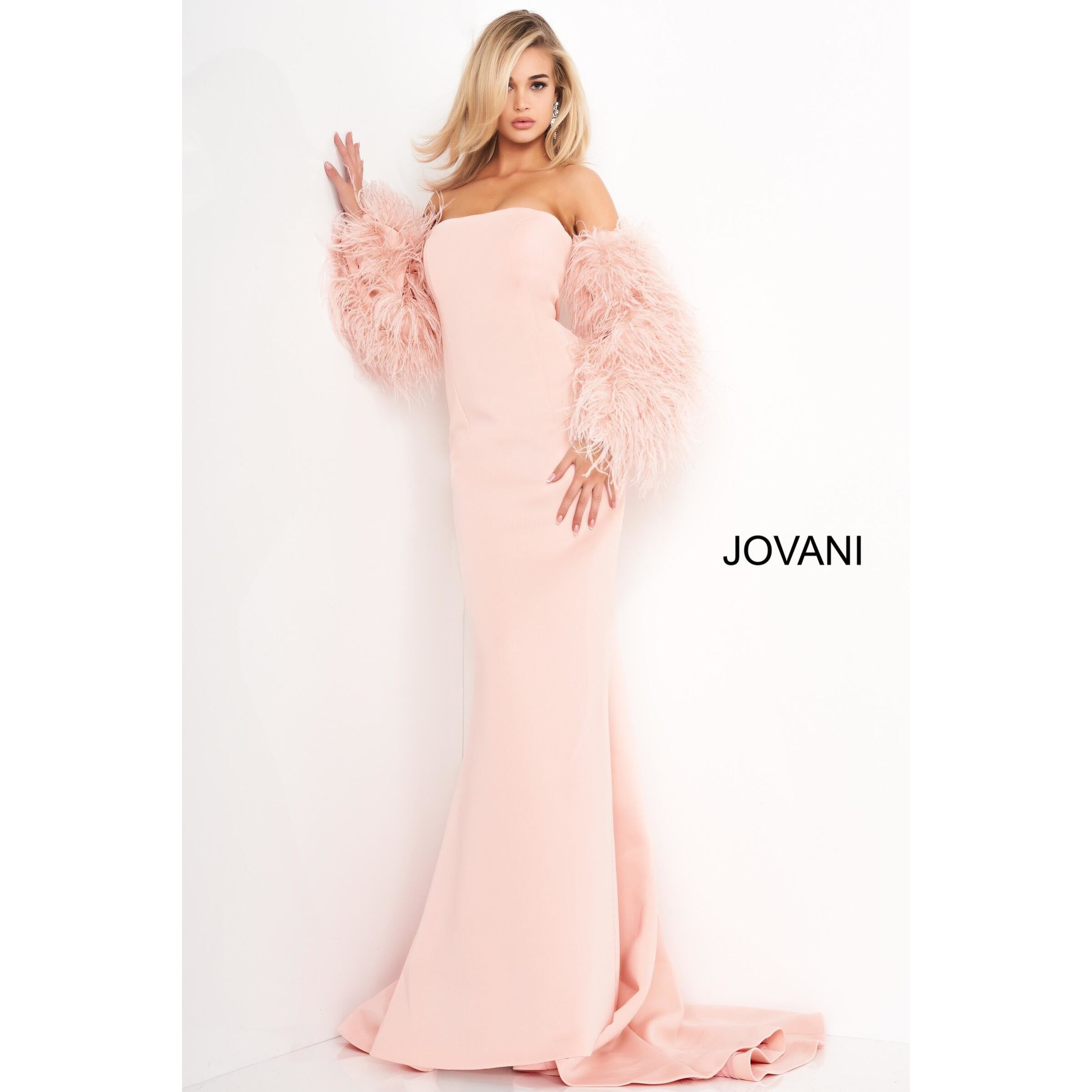 Jovani Prom Dress Blush Strapless Fur Sleeves Jovani Gown 1226