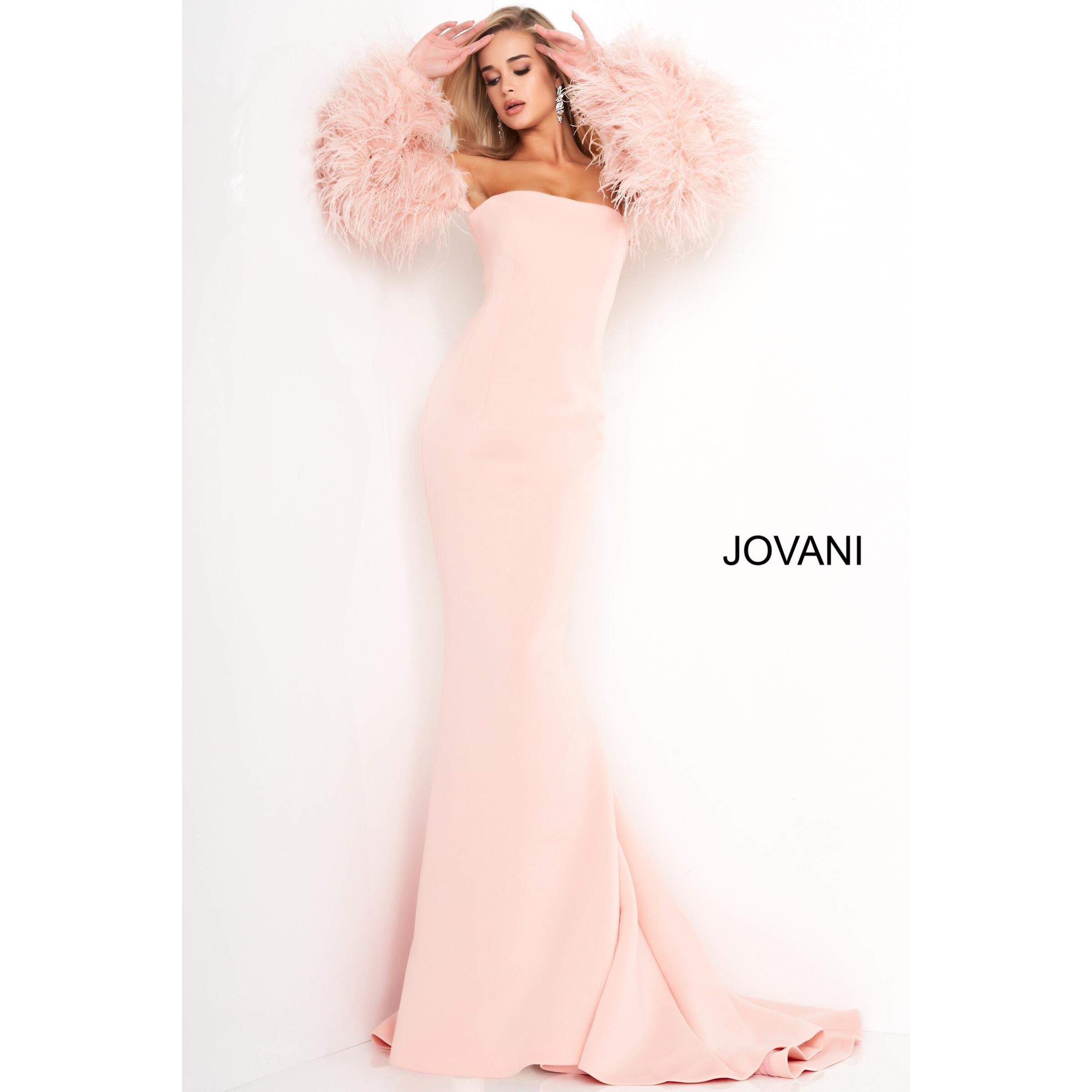 Jovani Prom Dress Blush Strapless Fur Sleeves Jovani Gown 1226