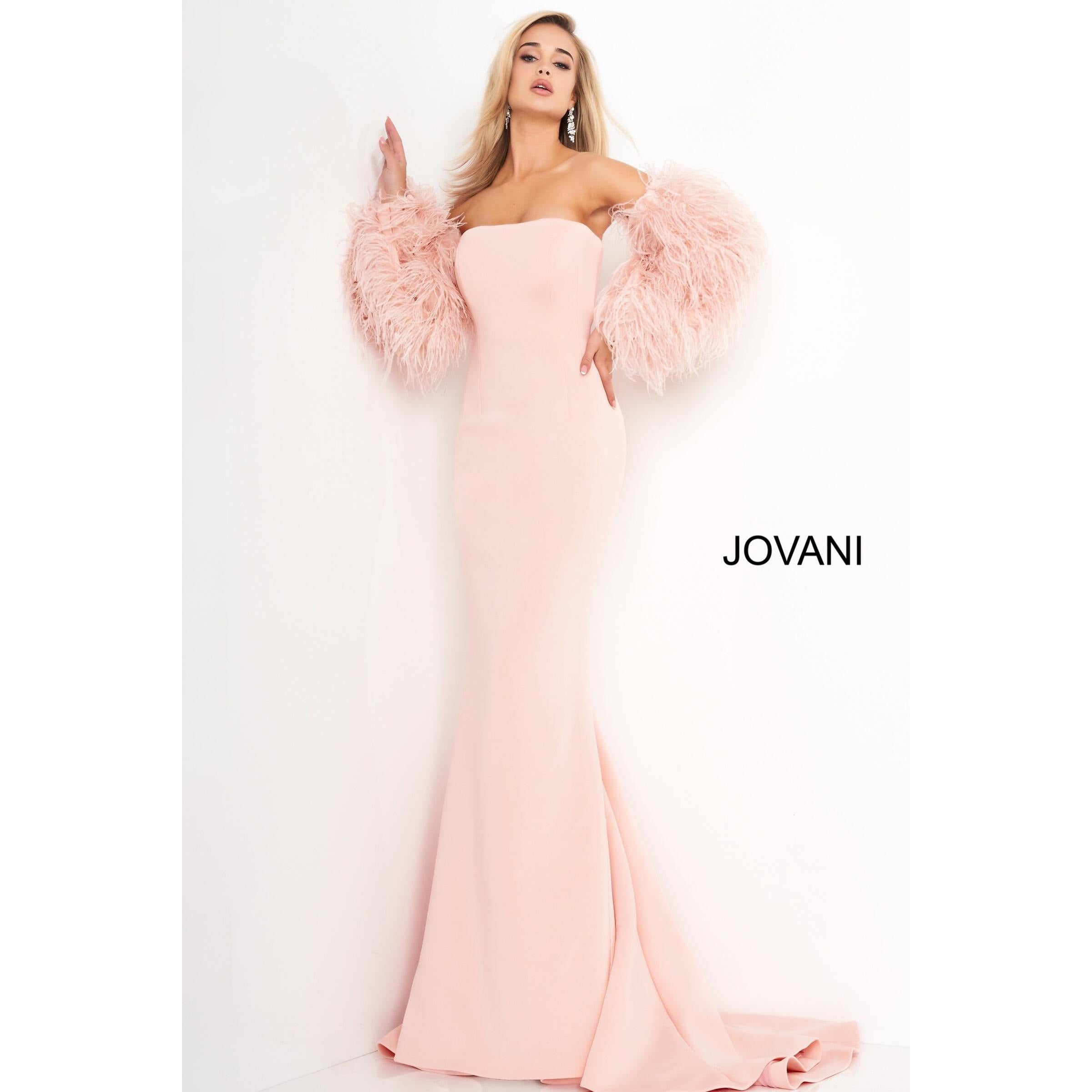 Jovani Prom Dress Blush Strapless Fur Sleeves Jovani Gown 1226