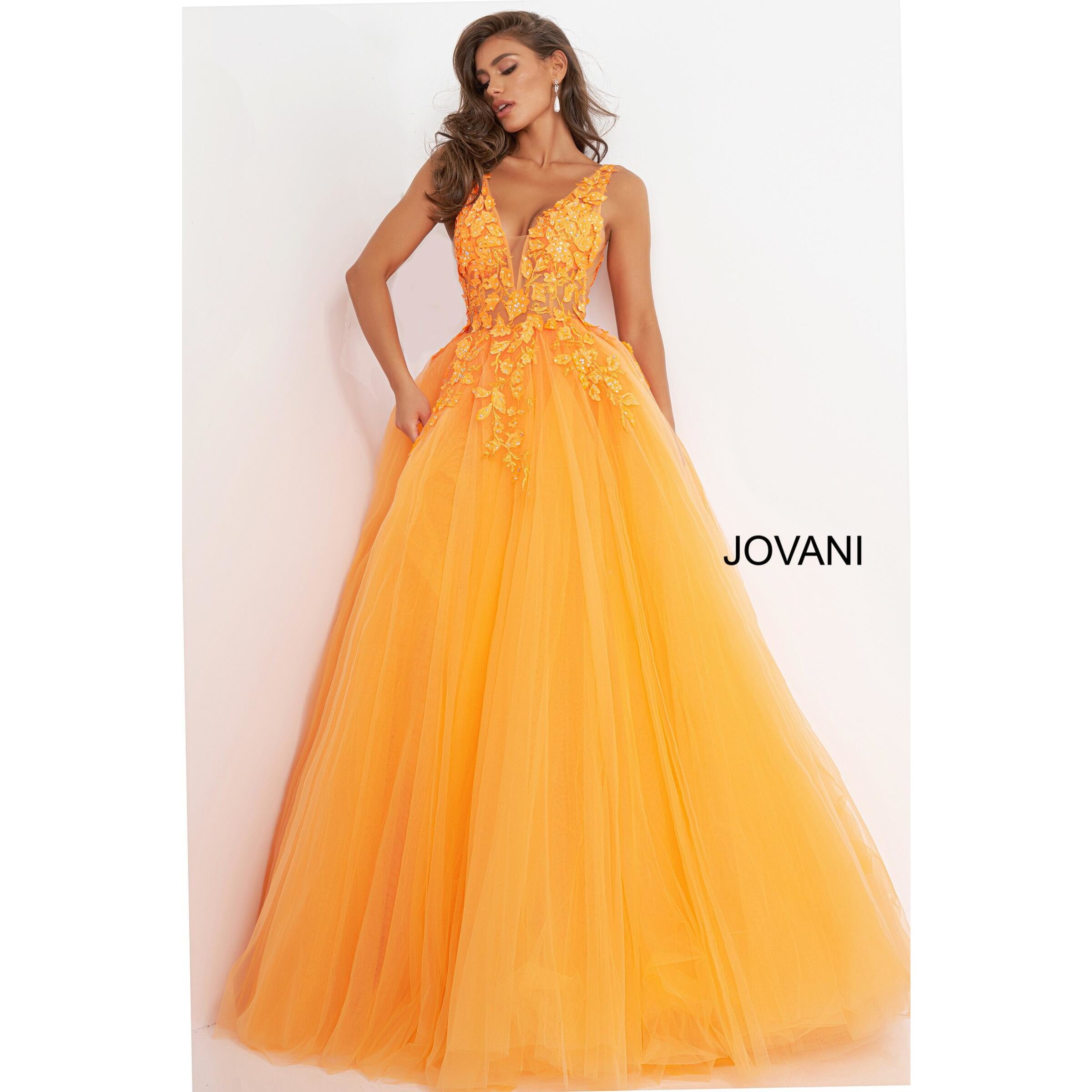 Jovani Prom Dress Jovani 02840 Orange Floral Appliques Prom Ballgown