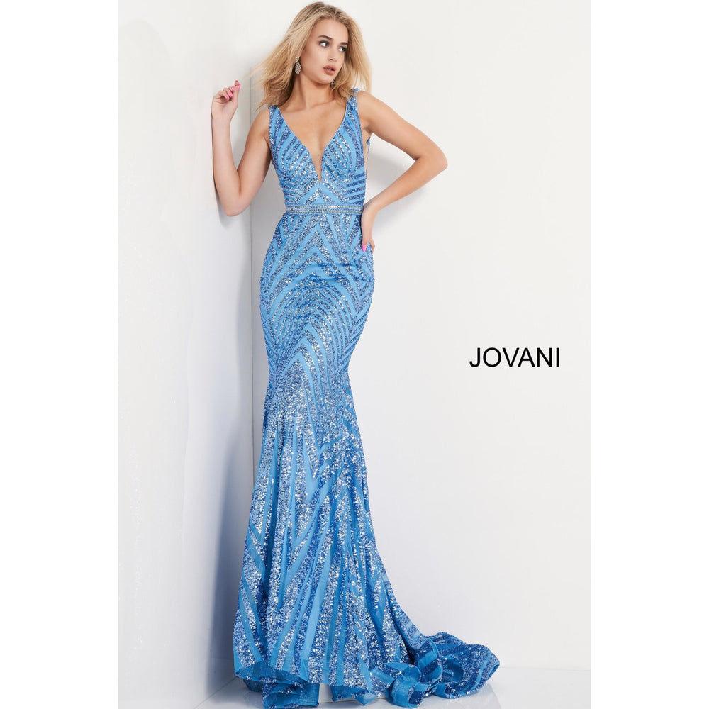 Jovani Prom Dress Jovani 03570 Light Blue Plunging Neck Sleeveless Prom Dress