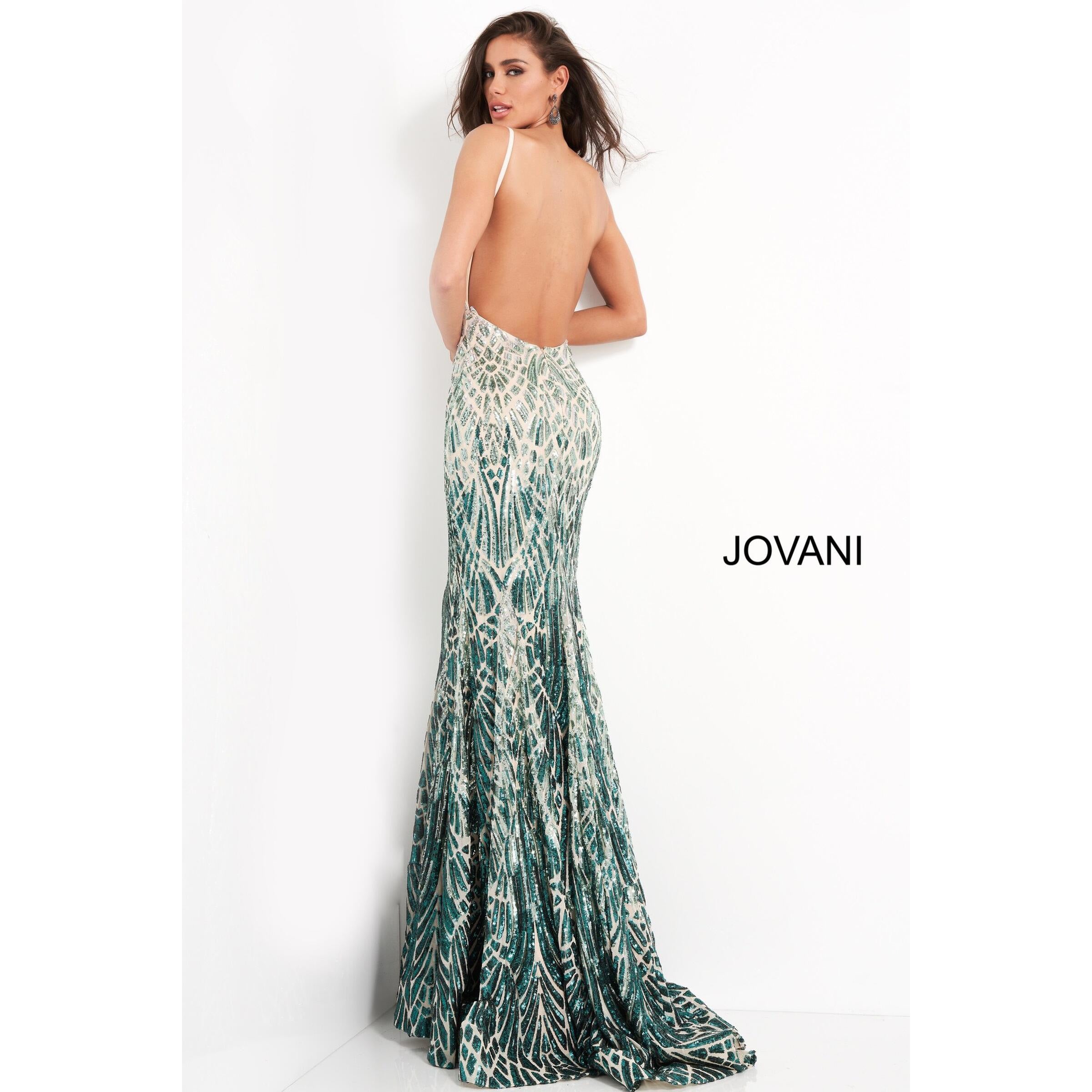 Jovani Prom Dress Jovani 06450 Silver Green Backless Sequin Prom Dress