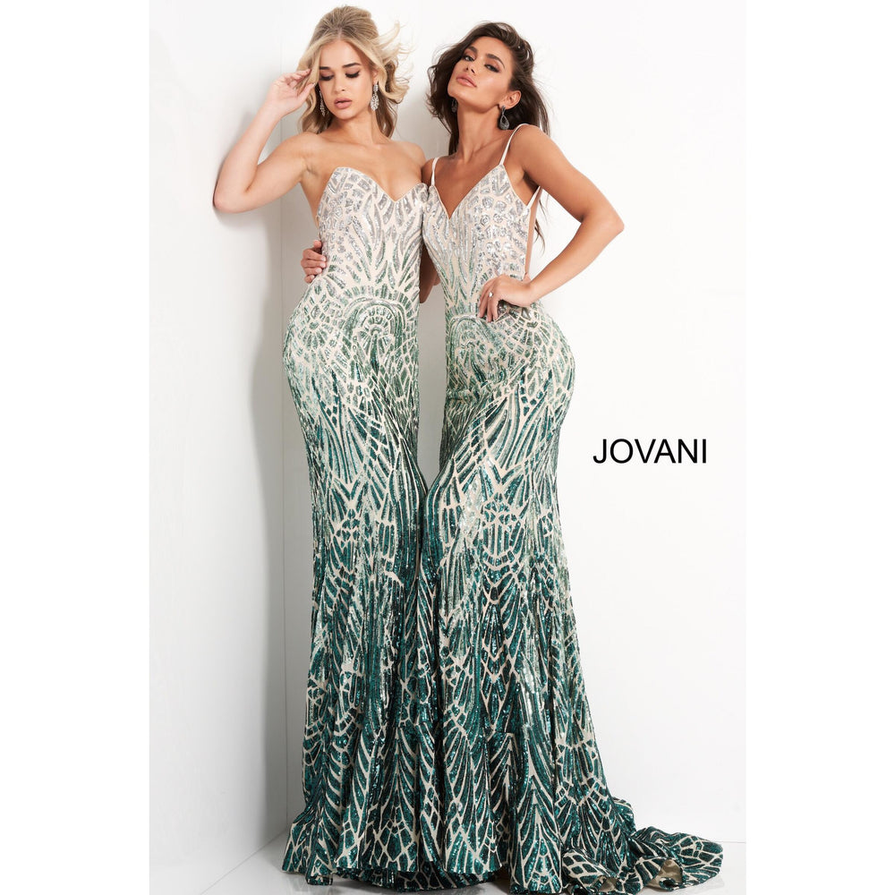 Jovani Prom Dress Jovani 06450 Silver Green Backless Sequin Prom Dress