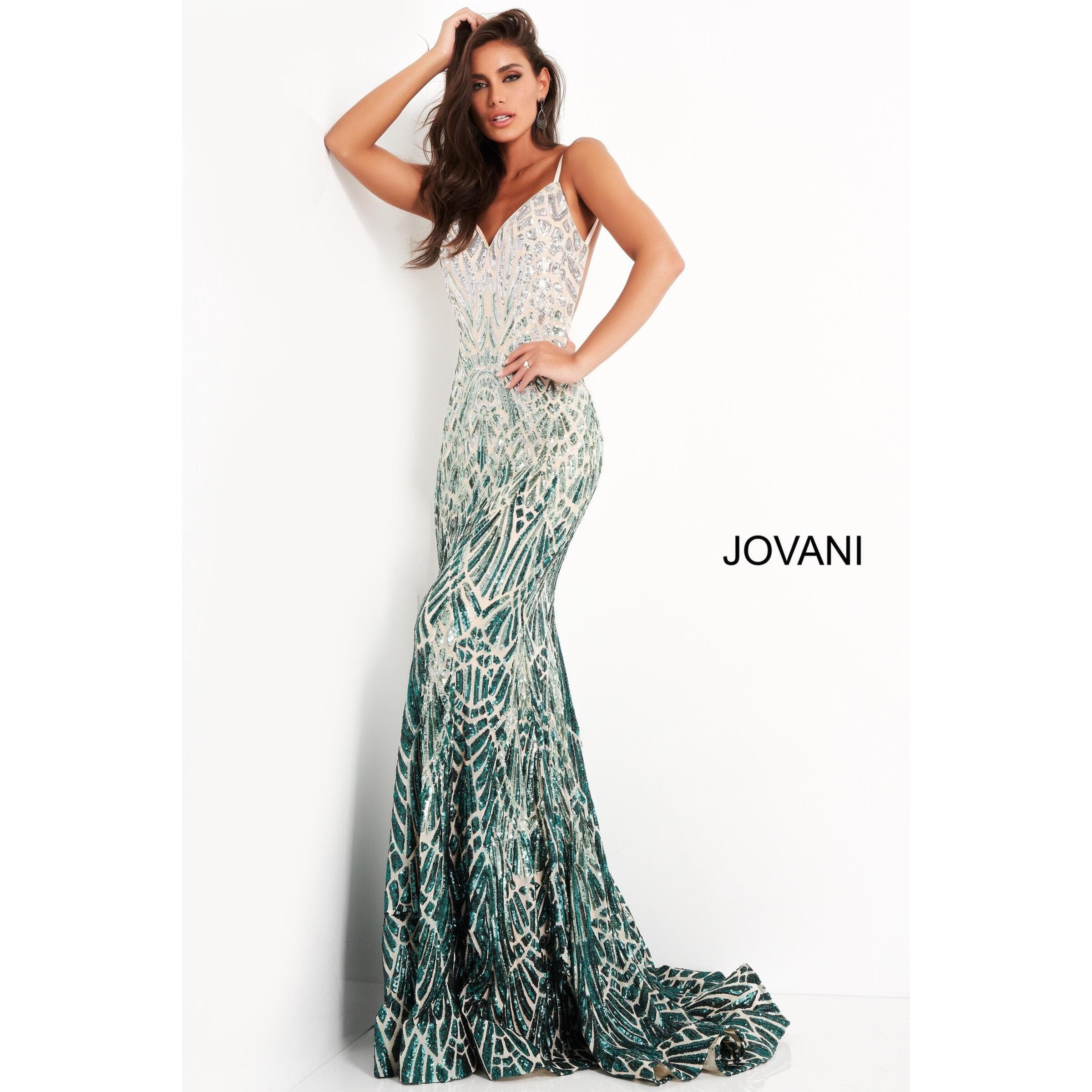 Jovani Prom Dress Jovani 06450 Silver Green Backless Sequin Prom Dress