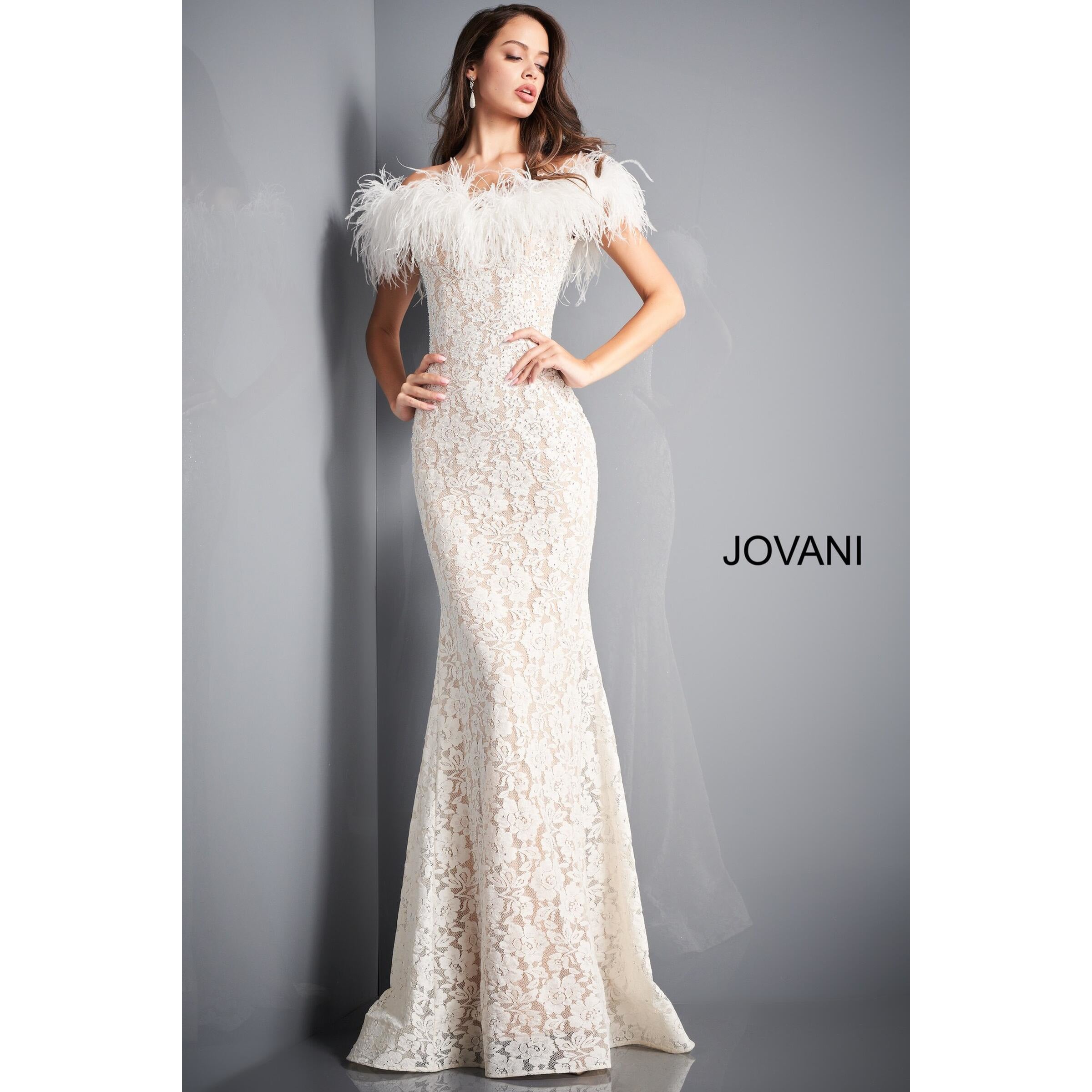 Jovani Prom Dress Jovani 06451 Ivory Lace Feather Neck Prom Gown