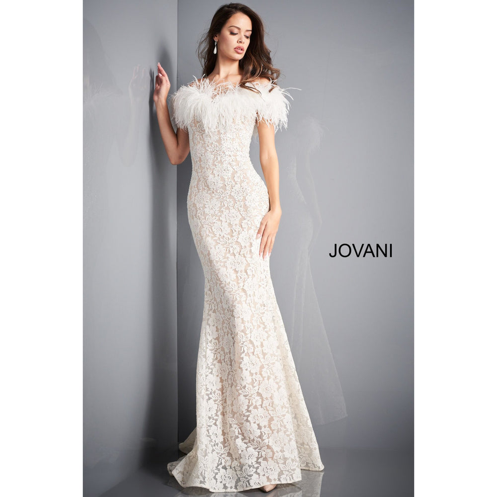 Jovani Prom Dress Jovani 06451 Ivory Lace Feather Neck Prom Gown
