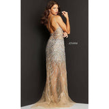 Jovani Prom Dress Jovani 07185 Silver Nude Fully Embellished One Shoulder Prom Dress 07185
