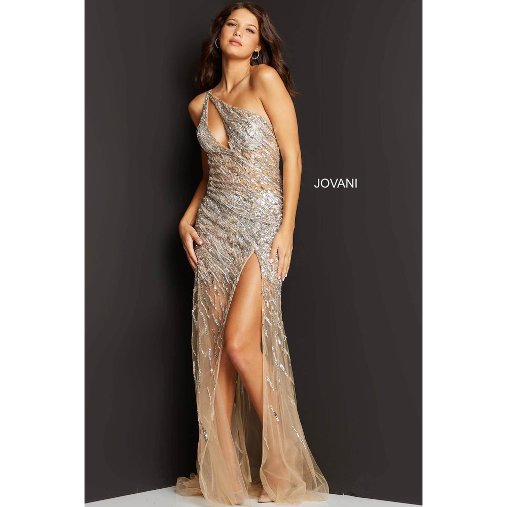 Jovani Prom Dress Jovani 07185 Silver Nude Fully Embellished One Shoulder Prom Dress 07185