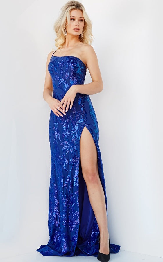 Jovani Prom Dress Jovani 07913 Royal High Slit Sequin Embellished Prom Dress