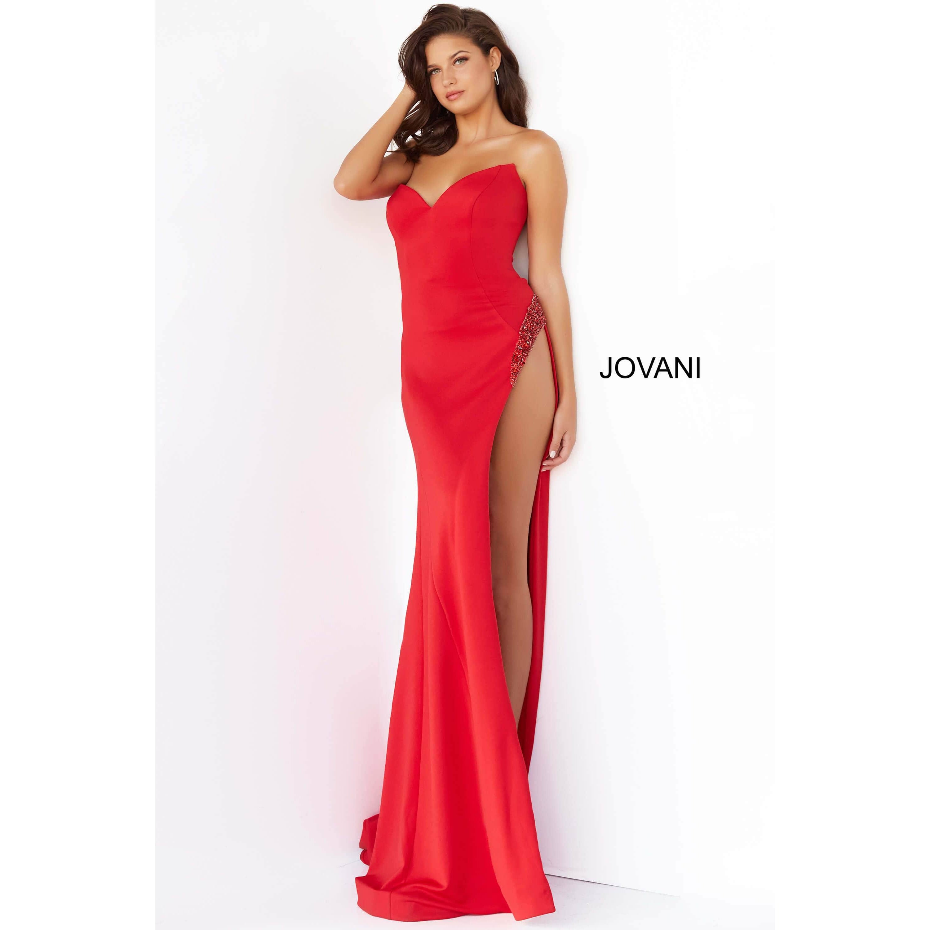 Jovani 07652  Red Plunging Neckline High Slit Gown