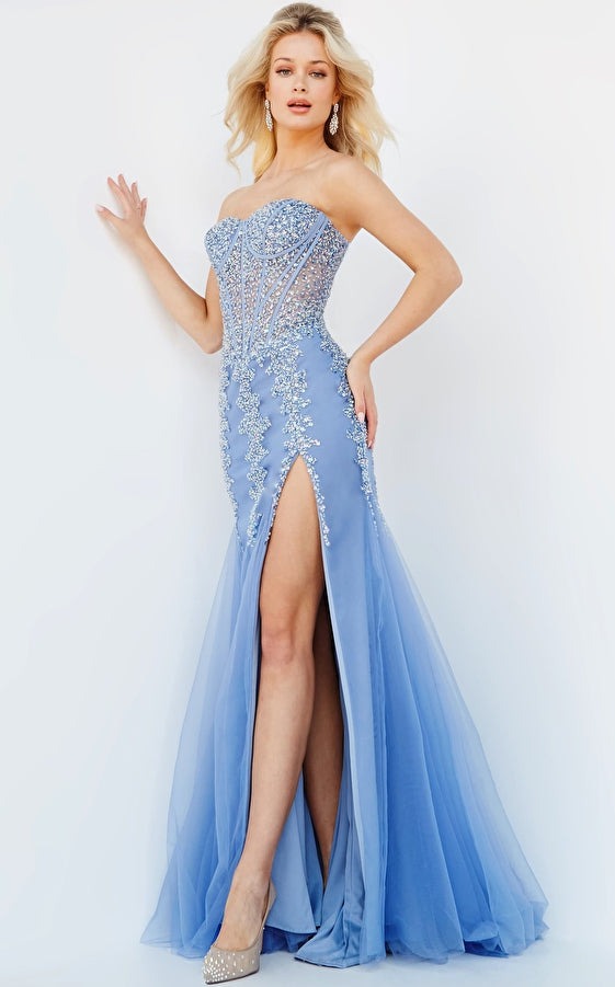 Jovani 26084 Long Prom Dress Fitted Corset Sleeveless Beaded Mesh Slit  Formal Pageant Gown
