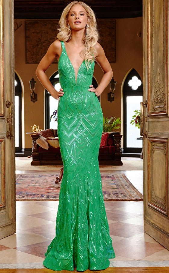 Jovani Prom Dress Jovani 23027 Green Low V Neck Sheath Prom Dress