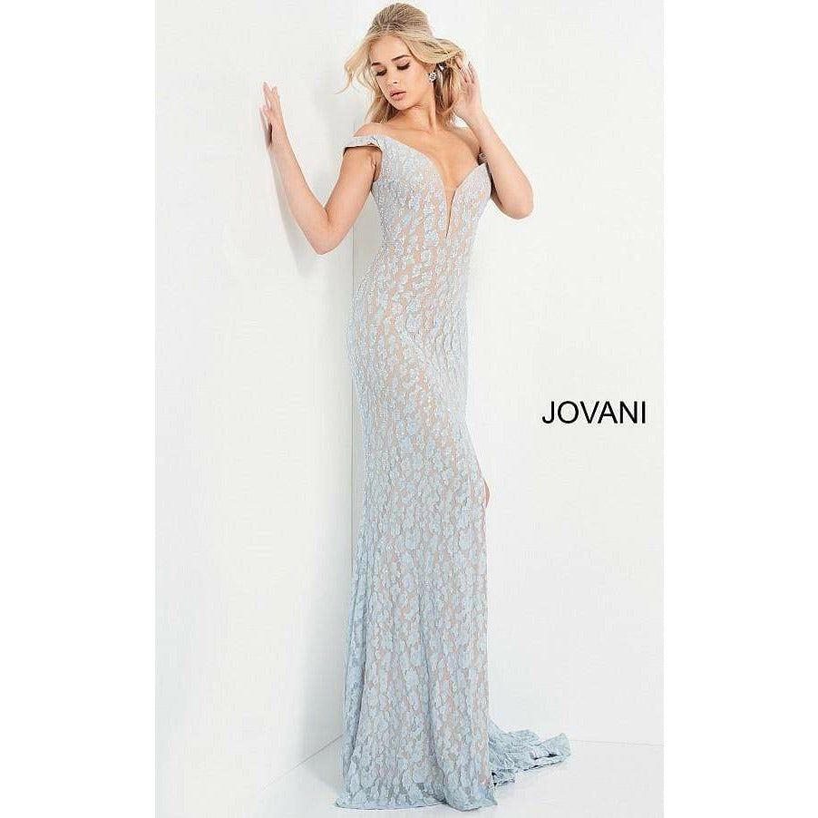 Jovani Prom Dress Jovani Blue Off the Shoulder Lace Prom Dress 06096