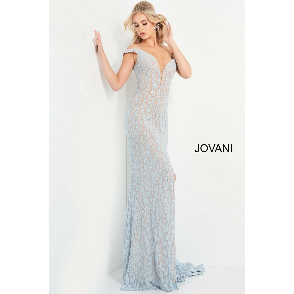 Jovani Prom Dress Jovani Blue Off the Shoulder Lace Prom Dress 06096