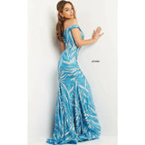 Jovani Prom Dress Jovani Blue Silver Off the Shoulder Sequin Prom Dress 08607